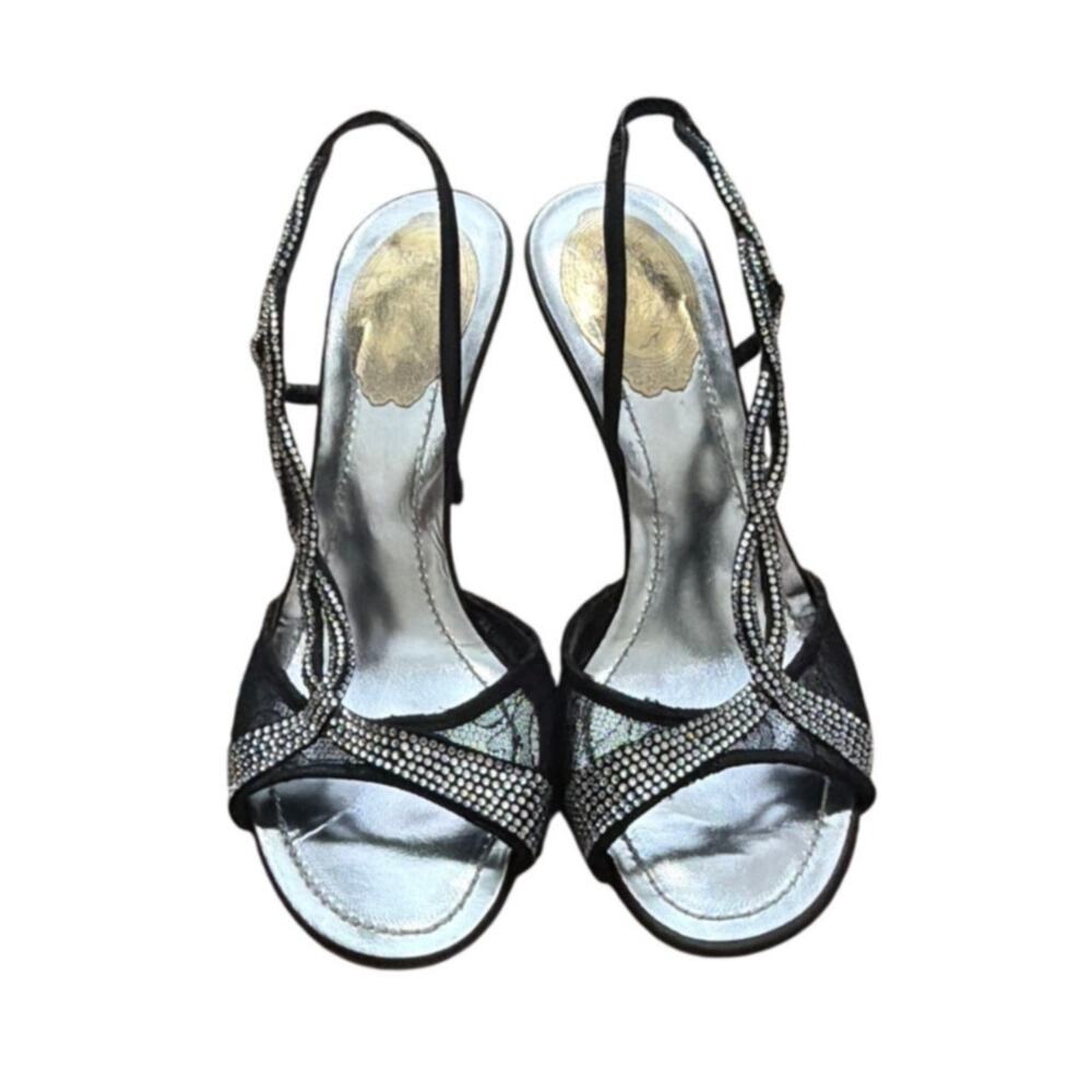 Rene Caovilla black heeled slingback sandal rhinestone embellisment size 36 US 6